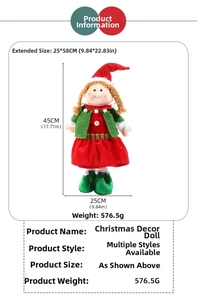 Detail of Christmas elf plush doll showing dimensions 45cm to 58cm and retractable legs