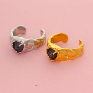 Punk style irregular lava texture open rings with heart-shaped zircon in gold and silver