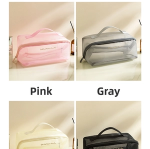 Detailed view of large capacity mesh travel bags in pink, grey, beige, and black