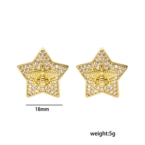 Gold star earrings with bee motif and cubic zirconia, 18mm size and 5g weight