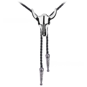 Macro detail of silver bull head bolo tie slider with black braided leather rope