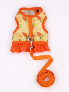 Close-up of orange mesh rabbit harness set featuring cartoon carrot patterns and ruffles
