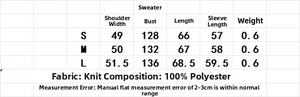 Detaillierte Größentabelle für Jacquard-Strickpullover mit Angaben zum Polyestergewebe
