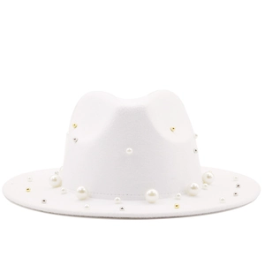 Detail of white fedora hat with pearl embellishments and metallic studs decoration