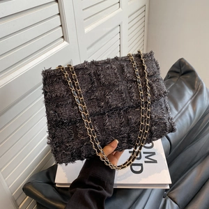 Women Tweed Shoulder Bag Retro Plaid Crossbody Chain Handbag With Fringe Trim Flap Elegant Woven Fabric Purse