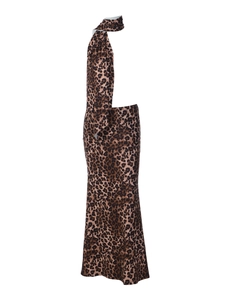 Two-piece leopard print midi skirt set with halter neck crop top in brown and black