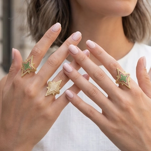 Luxury 18K gold plated octagonal star rings with colorful pavé cubic zirconia for women