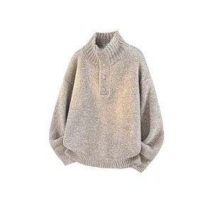 Men's oatmeal knit Henley sweater with quarter-zip high neck and thick warm texture