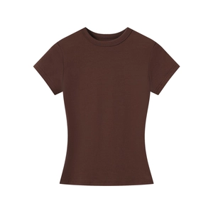 Flat lay of a brown slim-fit crew neck modal T-shirt with athletic hourglass silhouette