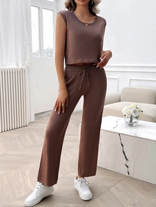 Detail view of brown rib-knit two-piece lounge set with sleeveless top and wide-leg pants