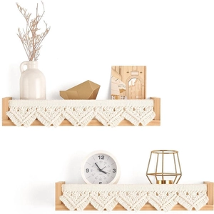 Set of 2 bohemian wooden wall shelves with macrame fringe for home organization