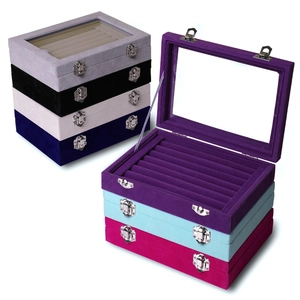 Velvet 24-grid jewelry organizer boxes in various colors with glass lids and metal buckles