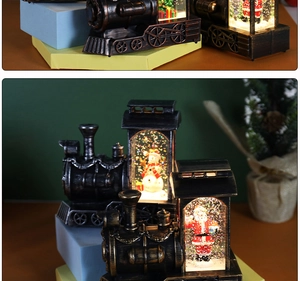 Close-up of retro Christmas train lanterns with Santa and snowman inside glitter globe