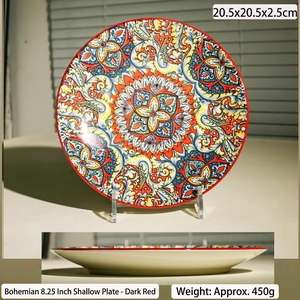 8.25-inch bohemian ceramic dinner plate with vintage red floral and bird pattern