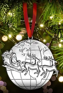 Silver Tree of Life Christmas ornament with Santa sleigh scene and red silk hanging ribbon
