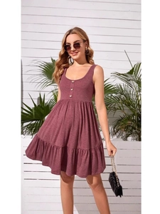 Sleeveless maternity tiered dress in rose red with ruffle hem and button front design
