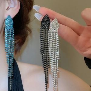 Detail of luxury jellyfish tassel earrings featuring sparkling rhinestones in three colors