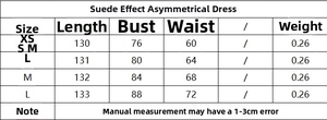Größentabelle für asymmetrisches Wildlederimitat-Kleid mit Maßen für Länge und Taille