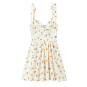 Women Sweet Fresh Orange Print Cami Dress Tie Shoulder Ruffle Sweetheart Neck A-Line Summer Vacation Midi Dress
