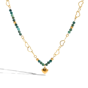 Gold stainless steel necklace featuring green stones and hollow heart-shaped chain links