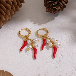 Chili Pearl Hoop Earrings Stainless Steel Red Enamel Gold Plated Natural Freshwater Pearl Vegetable Pendant Jewelry For Women