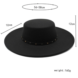 Detail of black wool bolero hat with leather rivet band showing 10cm wide brim