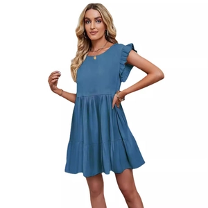 Blue mini dress for women with ruffled sleeveless design and layered skirt style