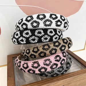 Leopard Pattern Seed Bead Headband Padded Sponge High Top Handmade Fashion Hair Accessory Women