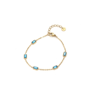 Gold plated stainless steel bracelet featuring five rectangular blue zircon stones