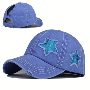 Distressed baseball cap featuring sequin star detail and high ponytail opening on back