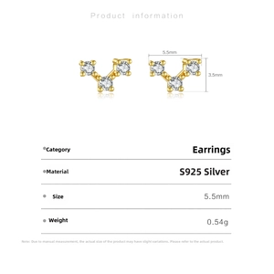 Detailed S925 sterling silver V-shape stud earrings with three cubic zirconia stones