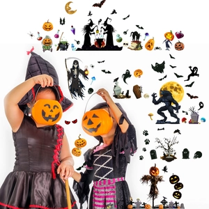 Detailed Halloween wall stickers set with pumpkin lanterns, bats and witch costume set
