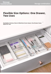Clear PET drawer organizers showing modular layout for office supplies and stationery