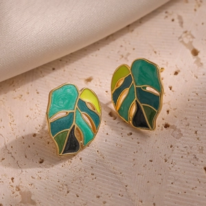 Monstera leaf stud earrings with colorful enamel inlay and gold plating finish