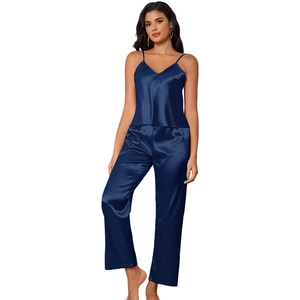 Women's deep blue ice silk pajama set with sleeveless camisole top and matching trousers