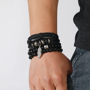 Men's multilayer leather bead bracelet set featuring a vintage silver feather pendant