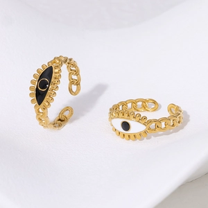 18K gold plated stainless steel evil eye ring with black and white enamel accents