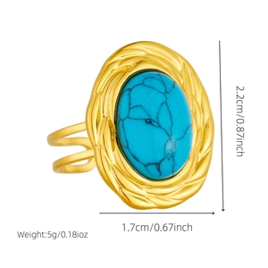 Vintage adjustable gold stainless steel ring with oval turquoise and dimension details