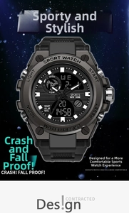 Detail of waterproof sports watch featuring dual analog digital display and 30M water resistance