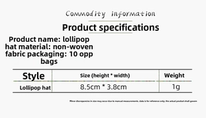 Size chart for mini non-woven lollipop hats showing 8.5x3.8cm dimensions and 1g weight