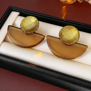 Vintage Geometric Semi-Circle Resin Earrings With Silver Earring Post Amber Brown Round Studs For Women