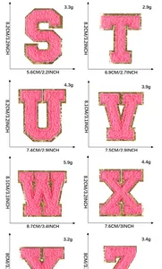 Size and weight specifications chart for rose red chenille embroidery letter patches S-Z