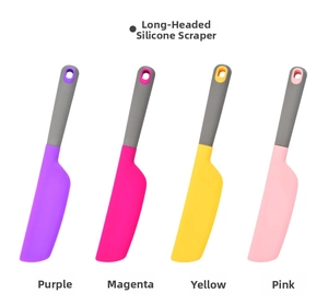 Set of four colorful silicone spatulas in purple, rose, yellow and pink with hanging holes