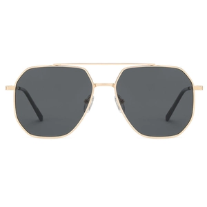 Retro geometric double-bridge polarized sunglasses with gold frame and dark gray lenses