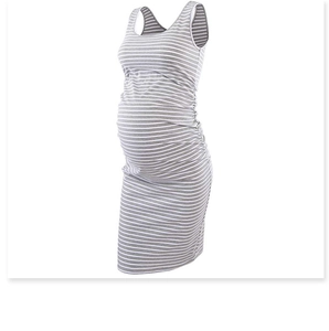 Detail of grey and white striped sleeveless maternity dress with side ruching texture