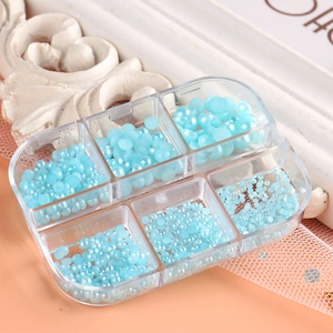 6-grid clear box with various sizes of blue aurora faux pearls for nail art decoration