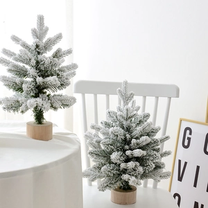 Mini artificial snowy Christmas tree with wood base for tabletop decoration