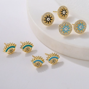 Orecchini A Lobo Malocchio Rame Placcato Oro Zirconia Smalto Geometrico Occhio Blu Gioielli Da Donna