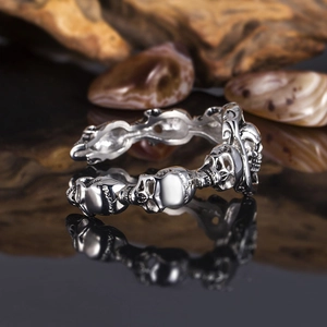 Gothic punk skull ring in vintage stainless steel finish with detailed carving