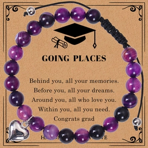 Bracelet En Perles De Pierre Naturelle Agate Zèbre Améthyste Pendentif Coeur En Alliage Cadeau Graduation Avec Carte Pour Femmes